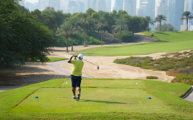 A golfer teeing off on a Dubai golf course, with towers in the background